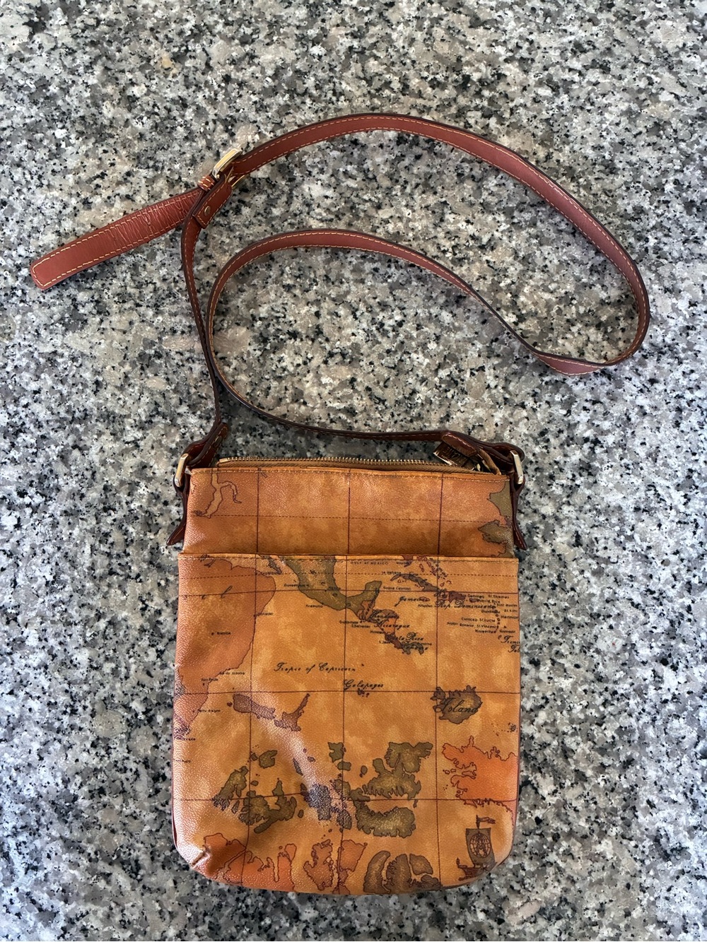 Alviero Martini Brown Tan Map-Print Crossbody Bag